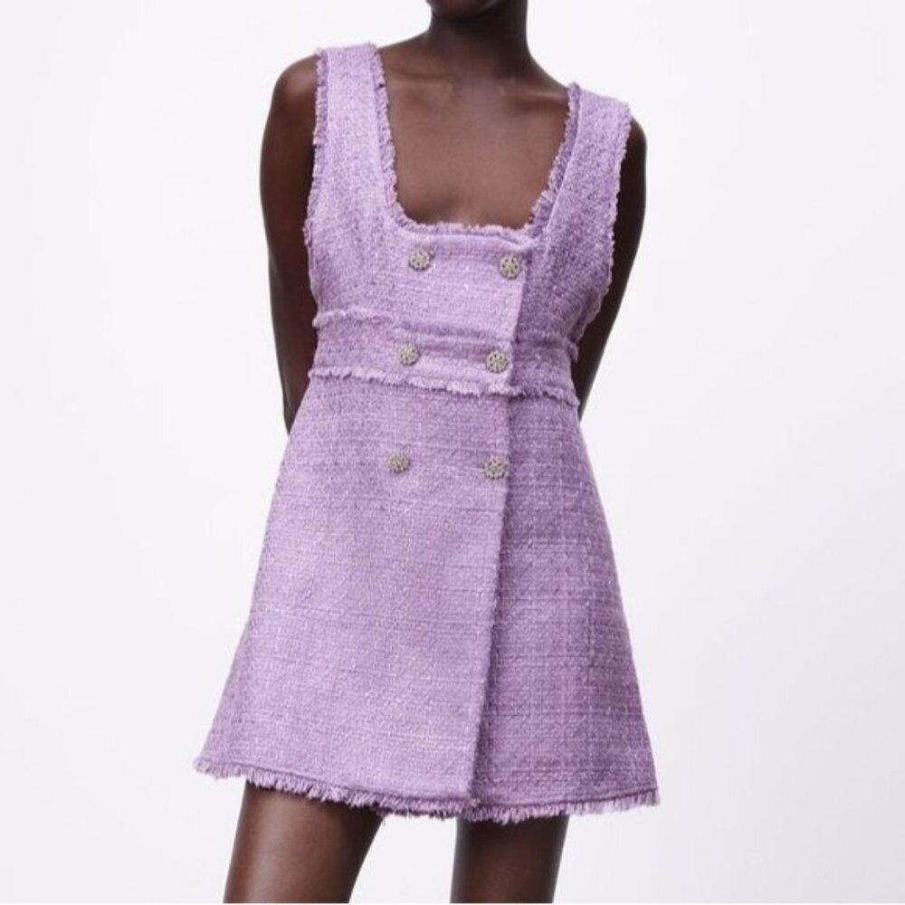 Zara Purple Tweed Square Neck Crystal Button Double Breasted Dress